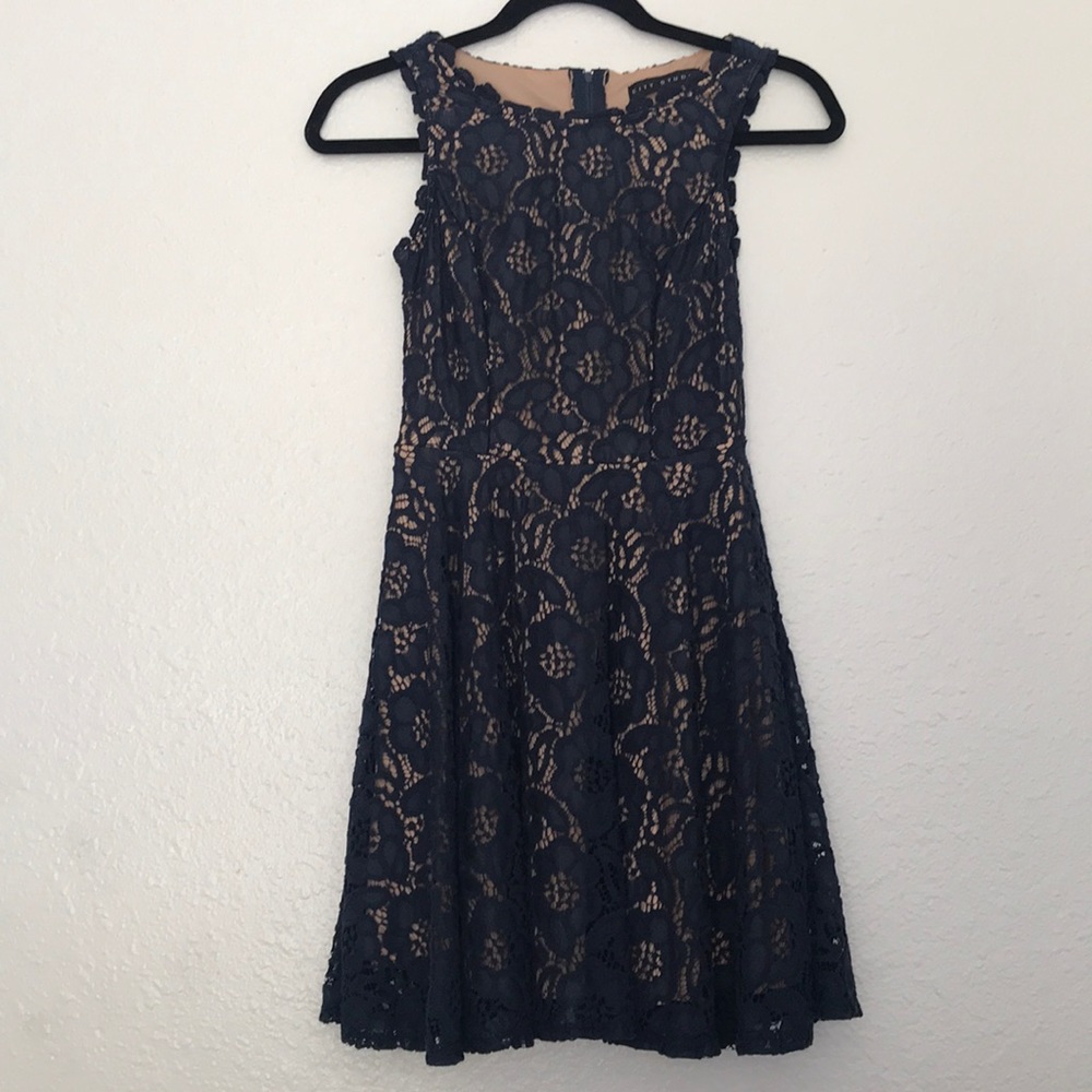 navy blue lace fit and flare dress